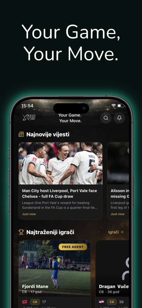XFER - XFER mobile App-Oberfläche mit Sportnachrichten und Spielerprofilen für die Rekrutierung