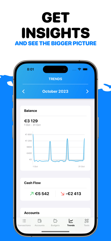 No Spend Tracker - Many - Monthly financial trends dashboard in the Many app showing balance graphs and cash flow data