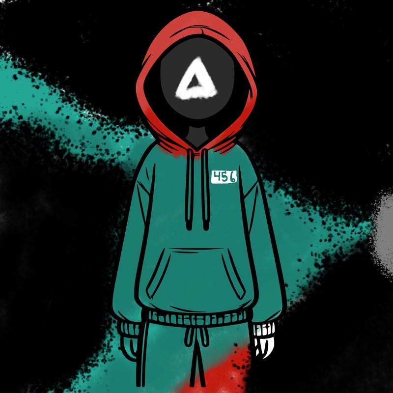 faceless girl in a tracksuit with a hood on and no hair