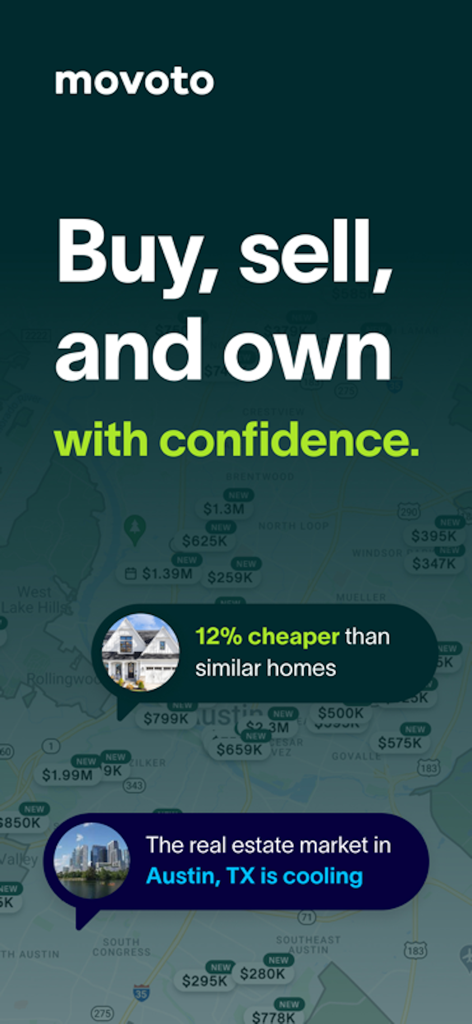 Movoto | Real Estate - Interfaz de la aplicación inmobiliaria Movoto que muestra valores de propiedades e información del mercado en un mapa interactivo
