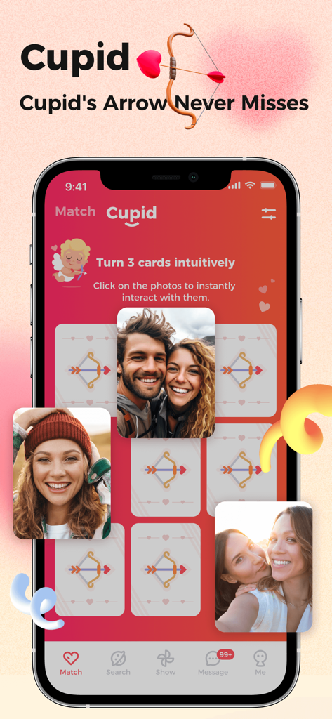 3way: Couples & Singles Dating - 커플 및 싱글을 위한 카드 기반 프로필 검색이 포함된 3way 데이트 앱의 큐피드 매칭 기능을 보여주는 3way 데이트 앱 스크린샷