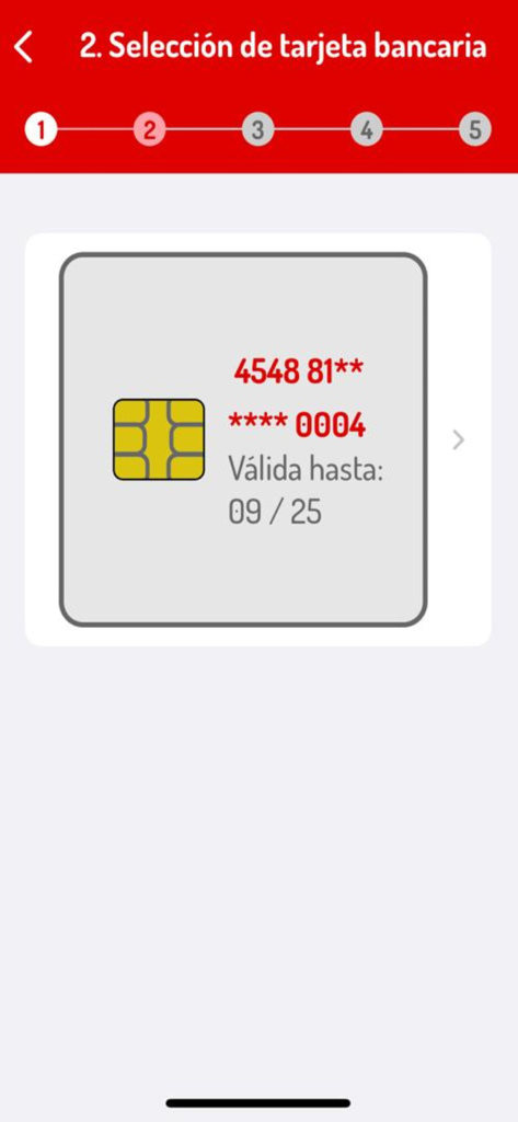 Bank card selection screen in the Tarjeta Transporte app for Madrid public transit