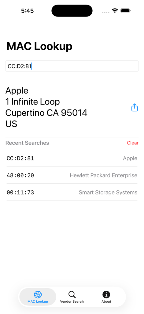 Interface of MacLookup app showing a MAC address search result for Apple
