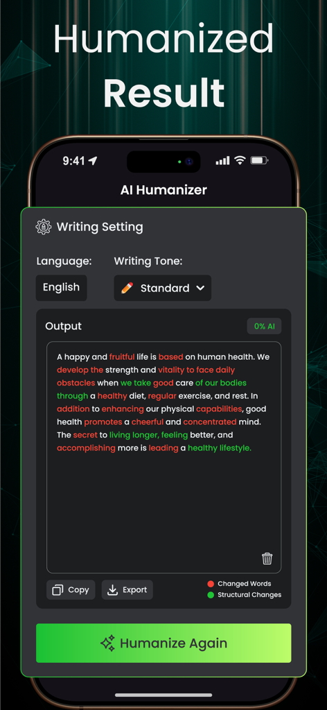 Tela de smartphone mostrando resultados de texto humanizado com zero por cento de pontuação de detecção de IA.