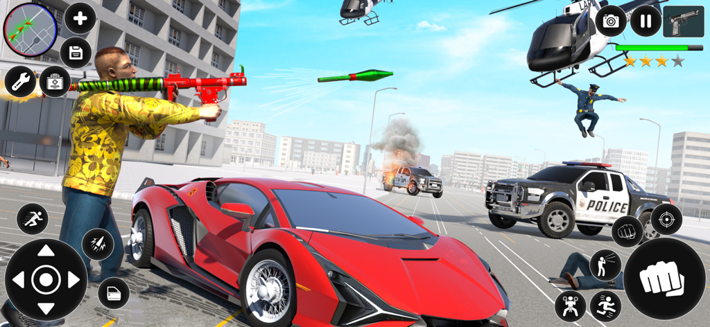 City Gangster Prison Escape - A gangster character firing a rocket launcher during a high-speed police chase in an urban city