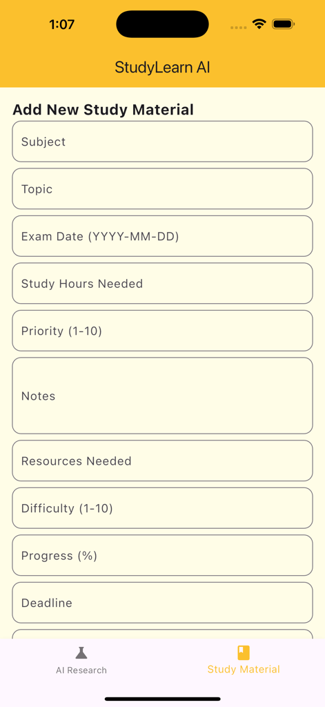 StudyLearn Ai - Interface of StudyLearn Ai app showing a form to add new study material with fields for subject topic and exam date