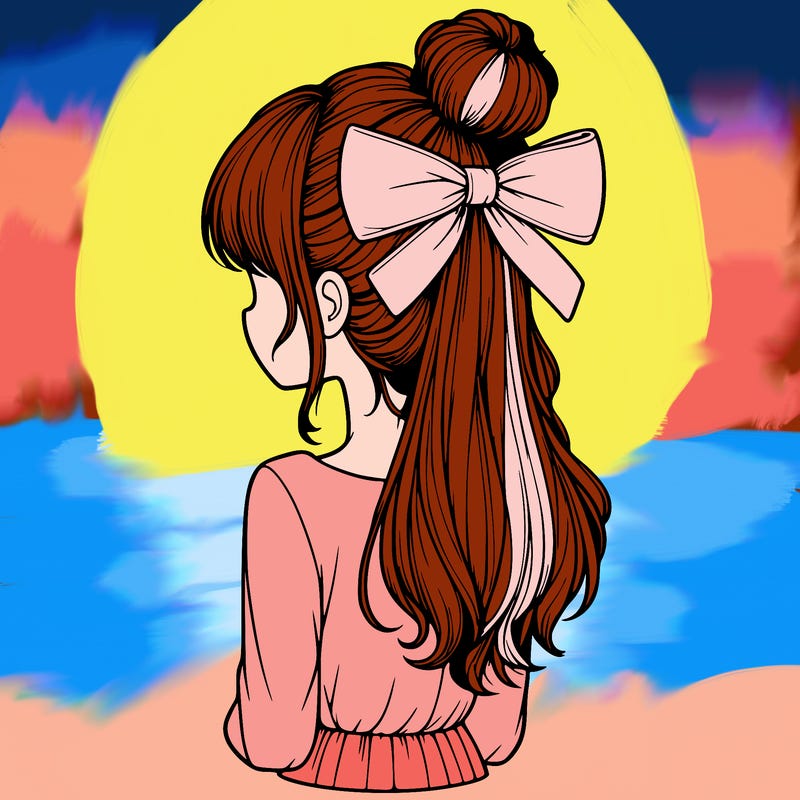 realistic girl  with hip length hair a bun and a big bow on the back of head