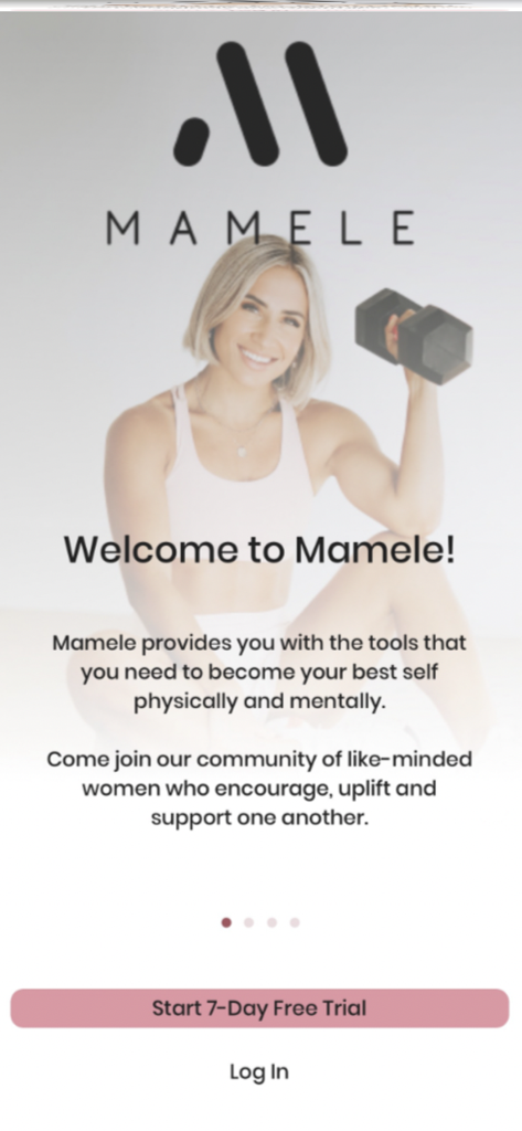 Mamele 앱의 환영 화면. 덤벨을 들고 있는 여성과 같은 생각을 가진 여성 커뮤니티에 참여하라는 초대 문구가 특징입니다.
