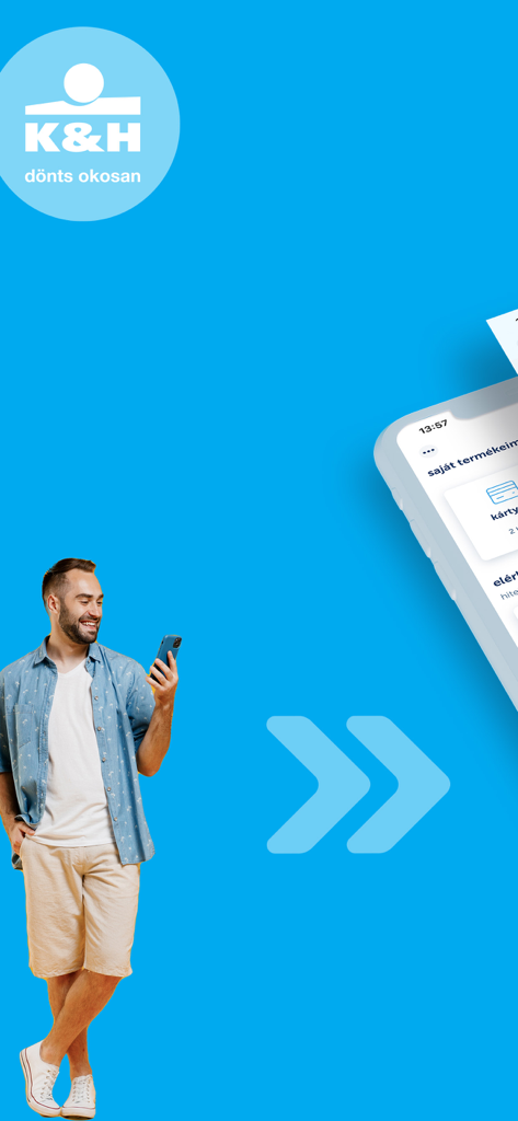 K&H mobilbank - Homem usando o aplicativo KH mobilbank em um smartphone contra um fundo azul