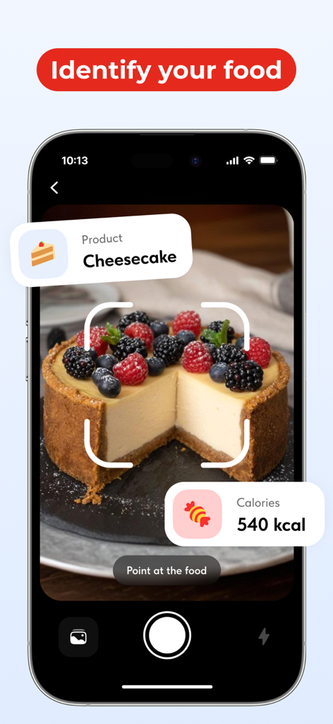 A smartphone using AI to identify a cheesecake and display its calorie information.