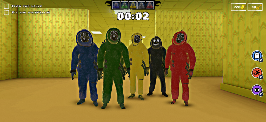 Five characters in colorful hazmat suits standing together in a yellow backrooms corridor.