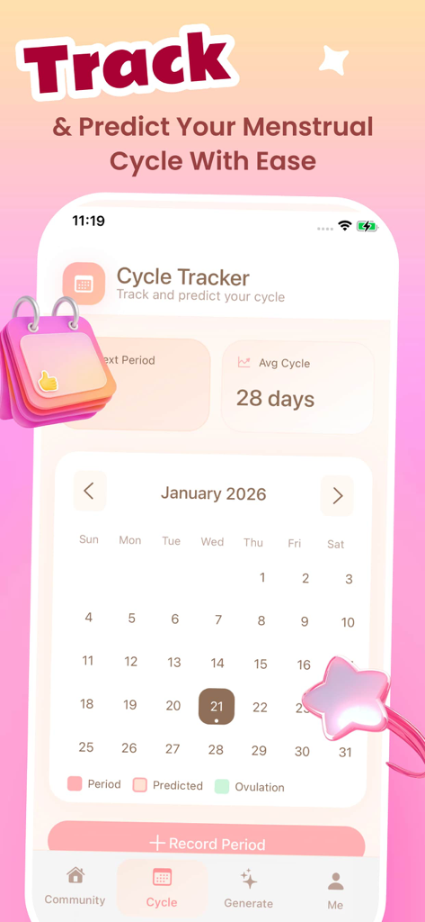 Pilla - Share, Explore - Screenshot of Pilla app cycle tracker showing a monthly calendar and period prediction in a soft pink aesthetic