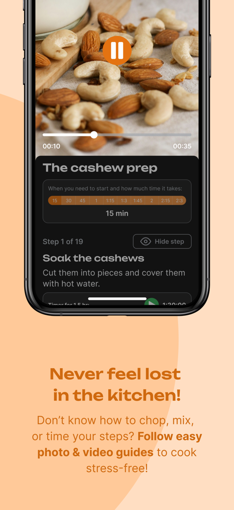 Mealpreper Guide: Plan & Cook! - Captura de ecrã da aplicação Mealpreper Guide mostrando um tutorial em vídeo e instruções para a preparação de caju.