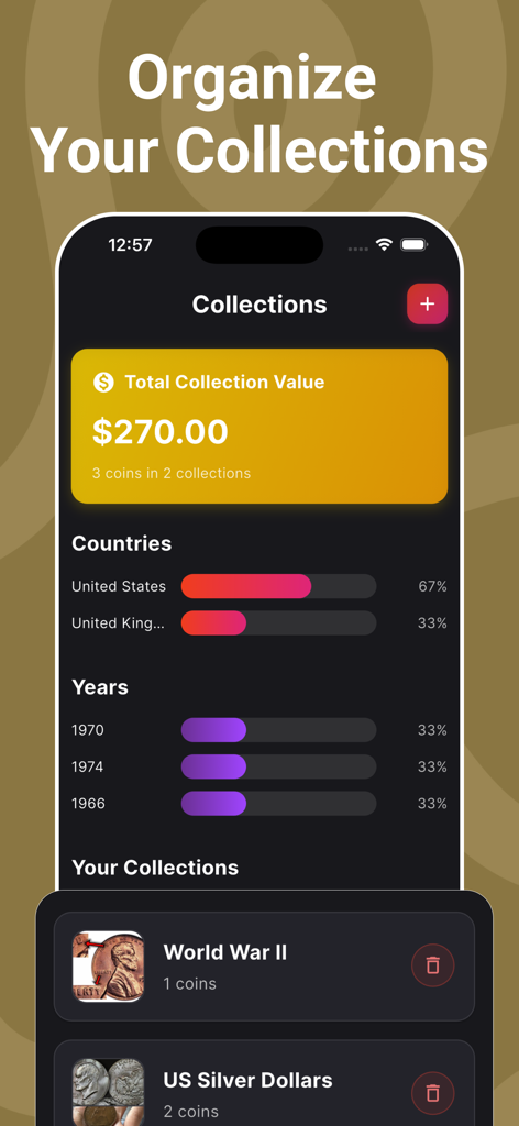 A mobile app screen showing a coin collection dashboard with total value and statistics by country and year