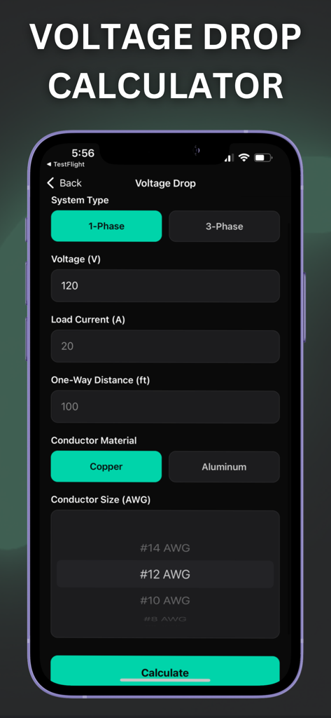 Oberfläche des Spannungsabfallrechners mit Eingabefeldern für elektrische Systeme