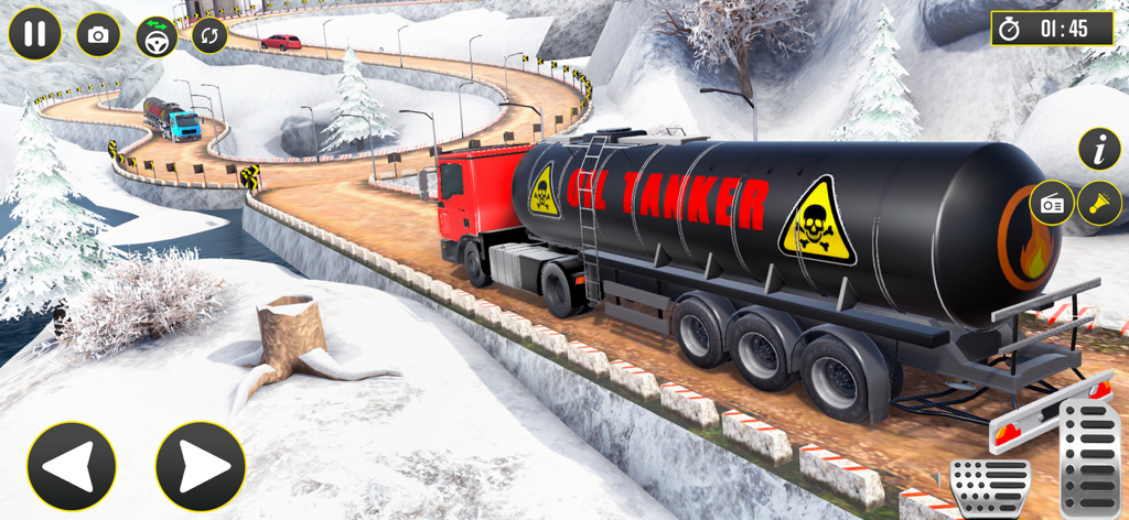 A red semi truck driving an oil tanker on a winding snowy mountain road in a 3D simulation game