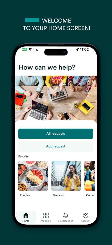 Appgrade by ServicesApp - Appgrade mobile app home screen displaying facility management request buttons and service categories
