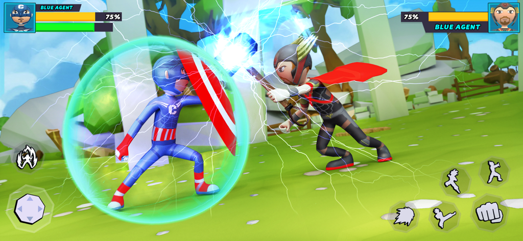 Stickman warriors battling with superpowers and lightning effects in a karate fighting game