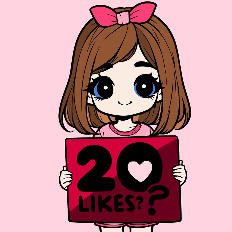 cute realistic girl holding a sign that says 20 likes?