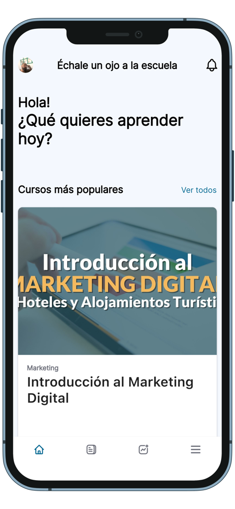 Turiscool 모바일 앱 화면, 호텔용 디지털 마케팅 과정 표시