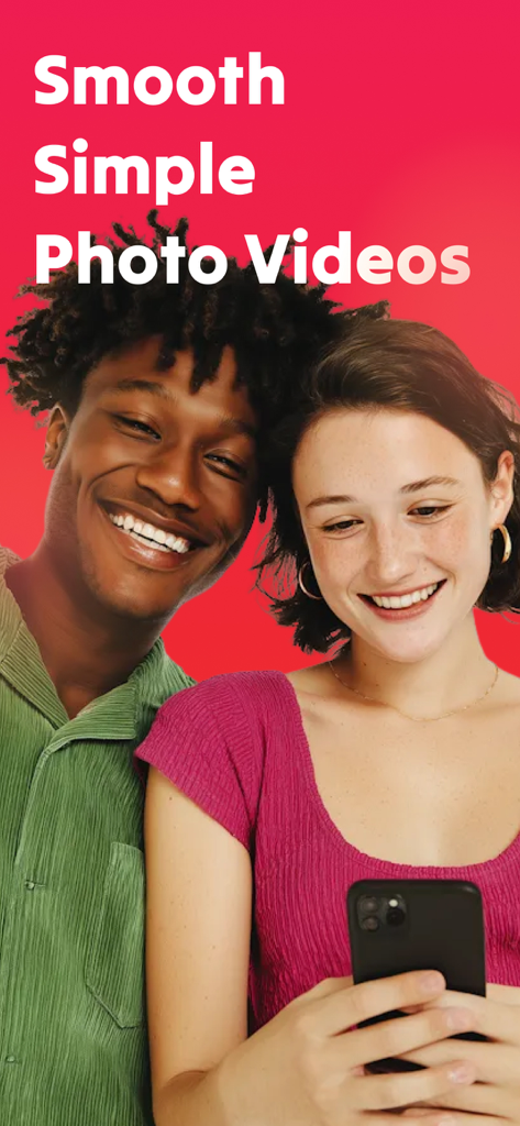 Lark Video Player: HD Player - Um jovem e uma jovem sorridentes olhando juntos para um smartphone com fundo vermelho e texto 'Smooth Simple Photo Videos'