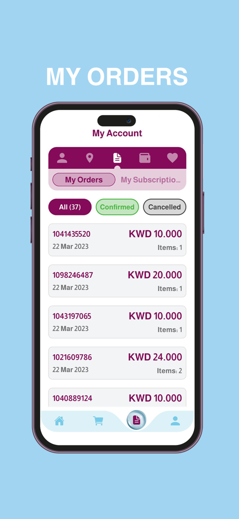 The order history screen of the Adhari Kuwait water delivery app showing a list of past transactions with dates and prices.