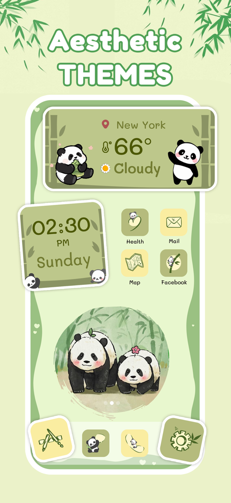 Tema de tela inicial estético de panda com widgets e ícones verdes personalizados