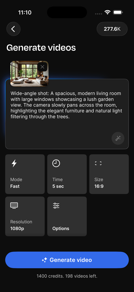 Freepik AI: Video Generator - Freepik AI mobile app screen for generating videos with text prompts and customizable settings