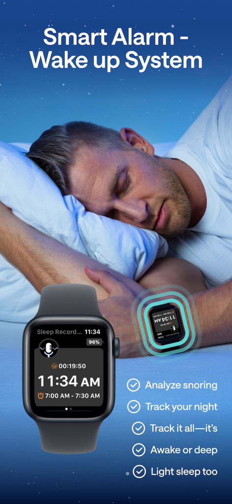 A man sleeping with a smartwatch showing the Sleep Recorder app interface for sleep stage and snoring tracking