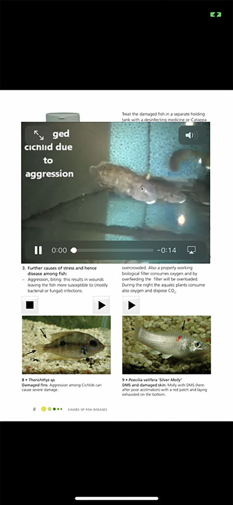 Fish Doctor - Tutorial educativo en la aplicación Fish Doctor mostrando videos y fotos de enfermedades y lesiones de peces.