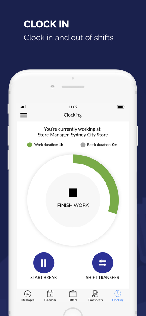 Humanforce (Legacy) - Interface of the Humanforce app for clocking in and out of work shifts