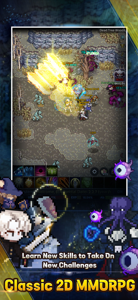 Pixel art battle scene in Elemental 2D MMORPG showing characters using skills against monsters in a forest.