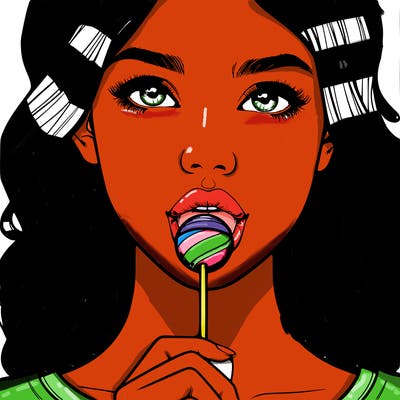 a realistic girl with a lollipop in her mouth