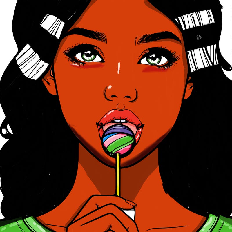 a realistic girl with a lollipop in her mouth