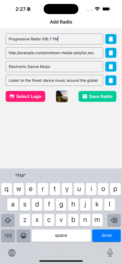 Radio: Create Stations - Interface pour ajouter une station radio personnalisée avec des champs pour le nom, l'URL du flux et la catégorie
