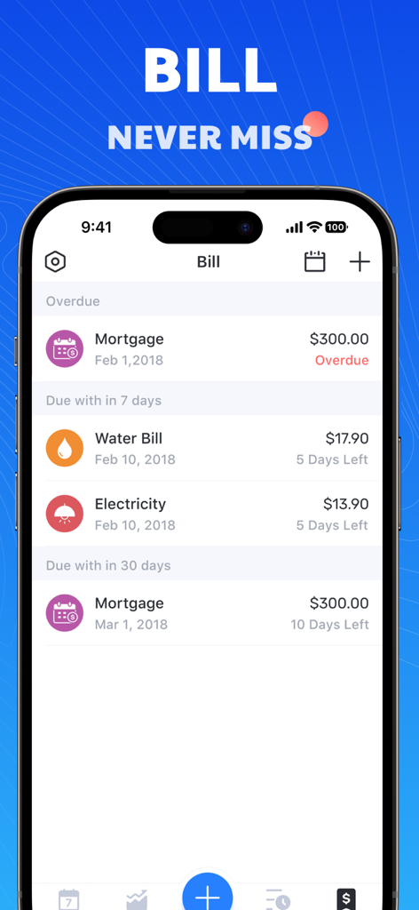 Pocket Expense 6 mobile app interface showing a list of overdue and upcoming bills including mortgage and utilities