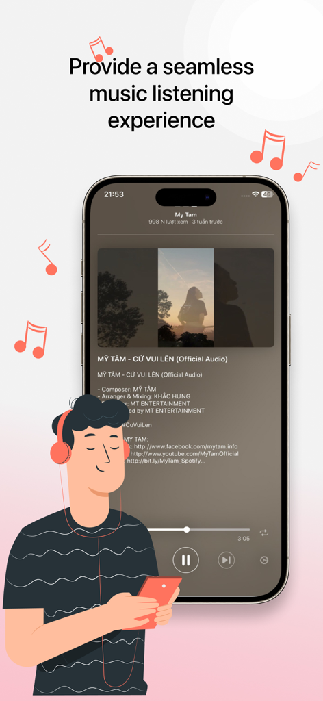 9Tube mobile app interface displaying a music video player with a person listening to music.