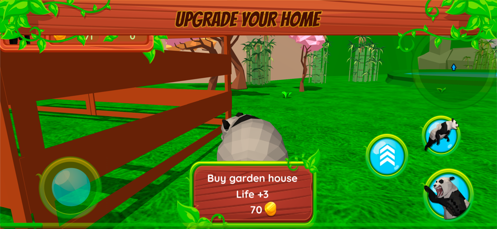 A panda character in a green field next to a wooden structure with a menu to buy a garden house in the Panda Simulator game.