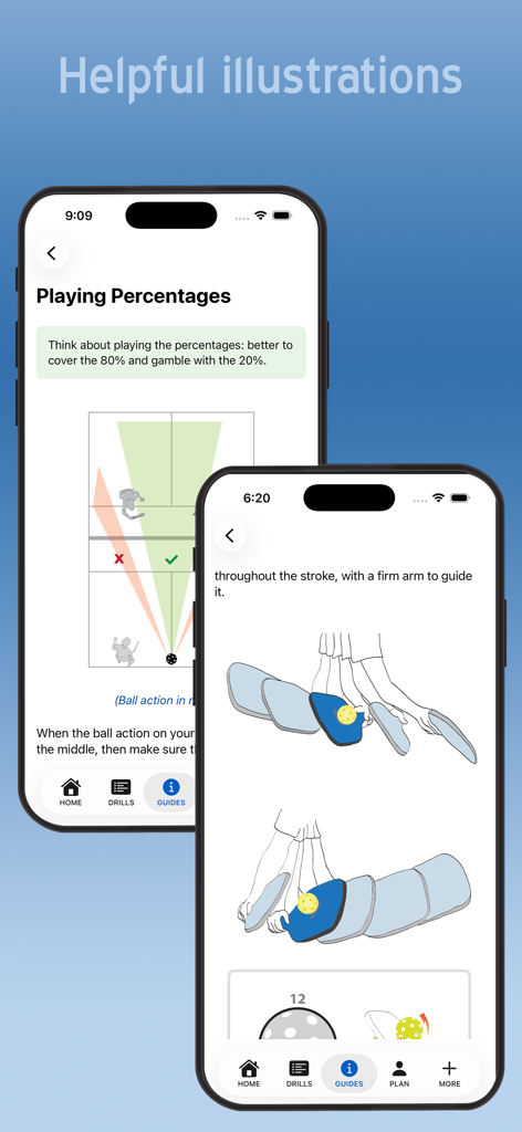 Helpful illustrations and strategy diagrams for pickleball players in the app