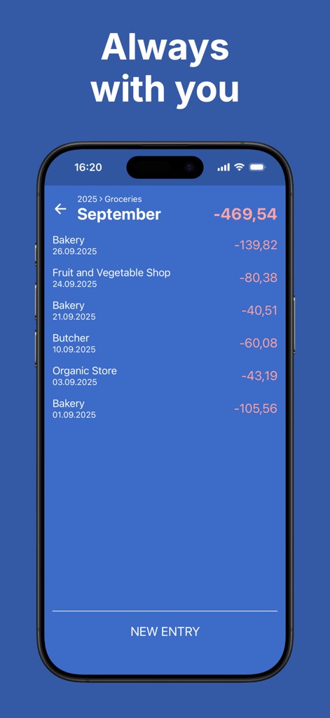 Expense + Spending Tracker - iPhone screen showing a minimalist list of grocery expenses for September in the Expense and Spending Tracker app.