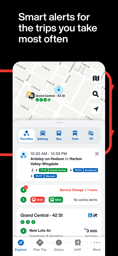 The Official MTA App interface showing personalized smart alerts for frequent trips and real-time train status in New York City