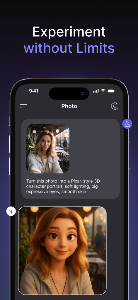 KI-App-Oberfläche, die ein echtes Foto zeigt, das mithilfe von Text-Prompts in ein 3D-Charakterporträt verwandelt wurde