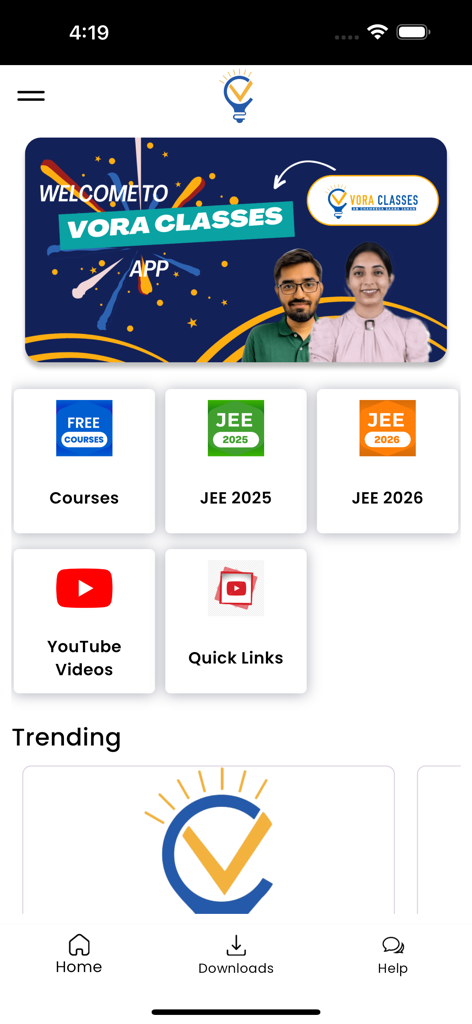 Vora Classes App - Vora Classes app home screen showing JEE 2025 and JEE 2026 course options for competitive exam preparation