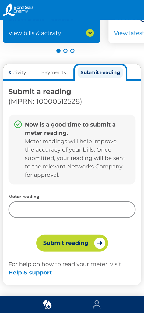 The submit meter reading screen of the My Bord Gais Energy app showing an input field and a submit button