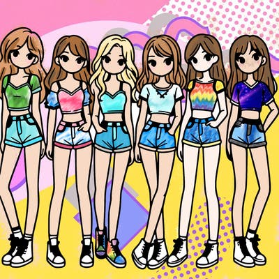 a group of girls wearing crop tops and shorts