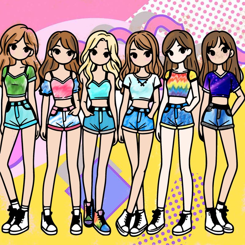 a group of girls wearing crop tops and shorts