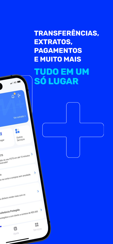 iPhone mostrando a tela inicial do aplicativo Banco Mercantil com texto em português para transferências, extratos e pagamentos.