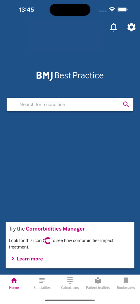 BMJ Best Practice - BMJ Best Practice app home screen with search bar and clinical navigation menu