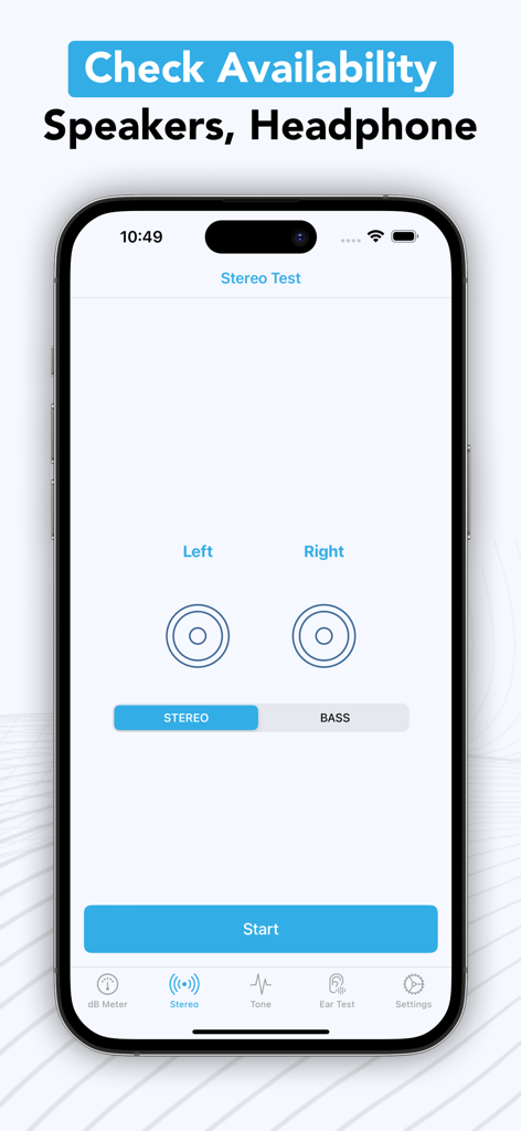Decibel - dB Sound Level Meter - Interface of the Decibel app showing the Stereo Test feature for speakers and headphones on an iPhone screen.