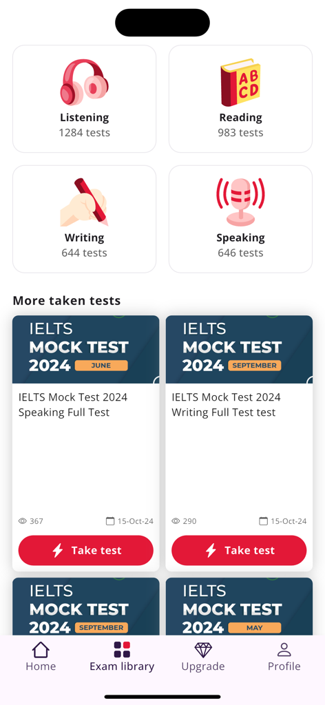 Mini IELTS - Exam library screen of the Mini IELTS app showing categories for listening reading writing and speaking mock tests